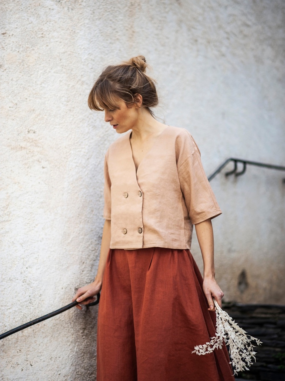 Linen | Handmade Studio | Cream Rose Tan | Willa Button Linen Crop Top | Small